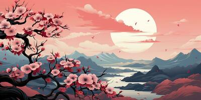 ai généré. ai génératif. ancien rétro traditionnel Japonais asiatique paysage Contexte. Cerise fleur Sakura arbre fleur Montagne et Extérieur la nature minimal graphique art. graphique art photo