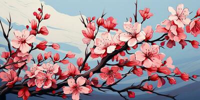 ai généré. ai génératif. ancien rétro traditionnel Japonais asiatique paysage Contexte. Cerise fleur Sakura arbre fleur Montagne et Extérieur la nature minimal graphique art. graphique art photo