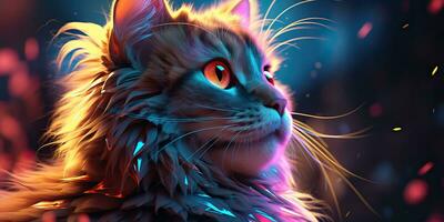 ai généré. ai génératif. chat séance proche à néon embrasé lumière. portrait animal de compagnie animal visage cyberpunk néon style. graphique art photo