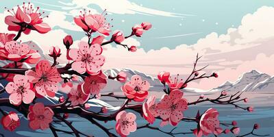 ai généré. ai génératif. ancien rétro traditionnel Japonais asiatique paysage Contexte. Cerise fleur Sakura arbre fleur Montagne et Extérieur la nature minimal graphique art. graphique art photo