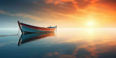 ai généré. ai génératif. bois bateau navire sur paix calme se détendre Lac mer rivière l'eau. la nature Extérieur pêche paysage. graphique art photo