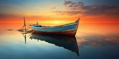 ai généré. ai génératif. bois bateau navire sur paix calme se détendre Lac mer rivière l'eau. la nature Extérieur pêche paysage. graphique art photo