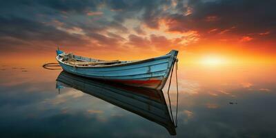 ai généré. ai génératif. bois bateau navire sur paix calme se détendre Lac mer rivière l'eau. la nature Extérieur pêche paysage. graphique art photo