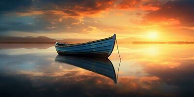 ai généré. ai génératif. bois bateau navire sur paix calme se détendre Lac mer rivière l'eau. la nature Extérieur pêche paysage. graphique art photo