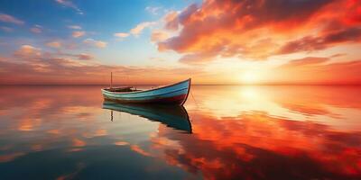 ai généré. ai génératif. bois bateau navire sur paix calme se détendre Lac mer rivière l'eau. la nature Extérieur pêche paysage. graphique art photo