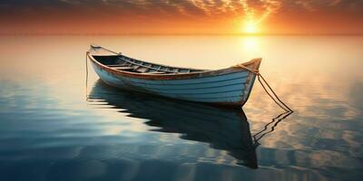 ai généré. ai génératif. bois bateau navire sur paix calme se détendre Lac mer rivière l'eau. la nature Extérieur pêche paysage. graphique art photo