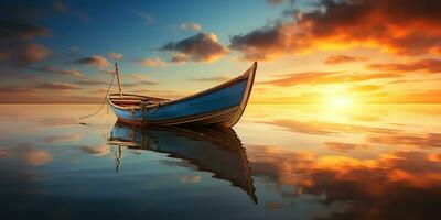 ai généré. ai génératif. bois bateau navire sur paix calme se détendre Lac mer rivière l'eau. la nature Extérieur pêche paysage. graphique art photo