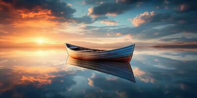 ai généré. ai génératif. bois bateau navire sur paix calme se détendre Lac mer rivière l'eau. la nature Extérieur pêche paysage. graphique art photo