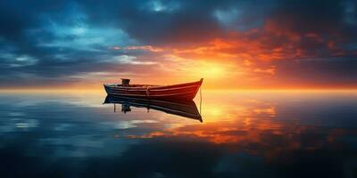 ai généré. ai génératif. bois bateau navire sur paix calme se détendre Lac mer rivière l'eau. la nature Extérieur pêche paysage. graphique art photo