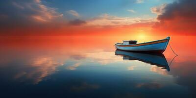 ai généré. ai génératif. bois bateau navire sur paix calme se détendre Lac mer rivière l'eau. la nature Extérieur pêche paysage. graphique art photo