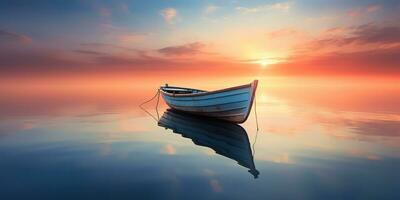 ai généré. ai génératif. bois bateau navire sur paix calme se détendre Lac mer rivière l'eau. la nature Extérieur pêche paysage. graphique art photo