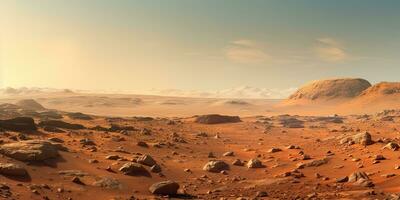 ai généré. ai génératif. Mars planète galaxie surface paysage désert Montagne Extérieur paysage. graphique art photo