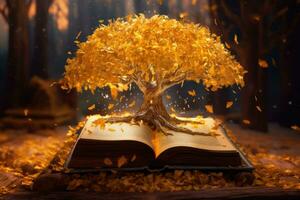 mystère livre avec brillant pages de lequel émerge une magique arbre avec la magie scintille. génératif ai photo