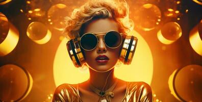 attrayant femme dans une dj écouteurs et lunettes de soleil photo