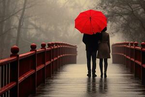 la personne avec rouge Unbrella en dessous de le pluie photo