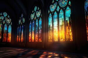 coloré coloré verre fenêtre de une église avec des rayons émanant de il. génératif ai photo