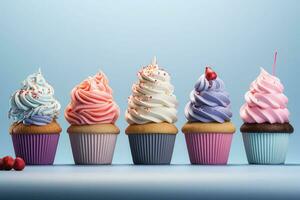 coloré petits gâteaux sur une pastel Contexte. génératif ai photo