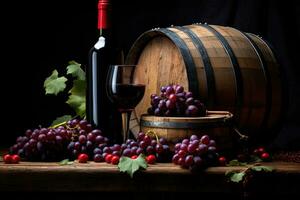 rouge du vin bouteille, grain de raisin et du vin verre près le en bois baril. ai généré photo