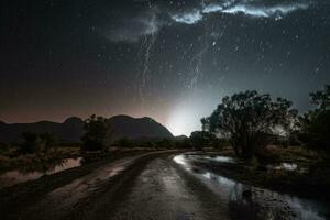 météore pluie au dessus le des arbres. courant de météorites. paysage avec chute étoiles. génératif ai photo