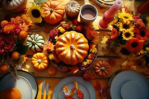 brillant Contexte avec magnifique action de grâces décoration. citrouilles avec des fruits, fleurs, des légumes et feuilles. ai généré photo