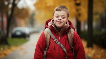 garçon avec vers le bas syndrome va à école photo