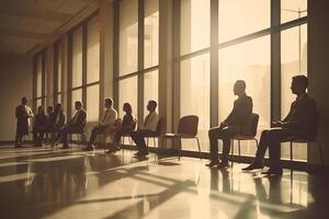 ai génératif jambes de diverse emploi candidats séance sur Bureau chaises dans couloir attendre dans tour pour entretien pieds de travail candidats attendre dans queue pour embauche ou emploi parler recrutement concep photo