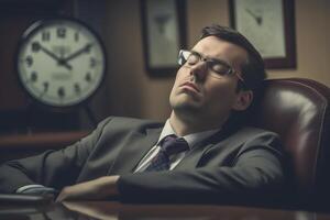 ai génératif paisible Jeune homme portant des lunettes rêverie avec fermé yeux paresseux somnolent homme d'affaire ou étudiant penché retour dans confortable chaise élongation mains séance à travail bureau rêver photo