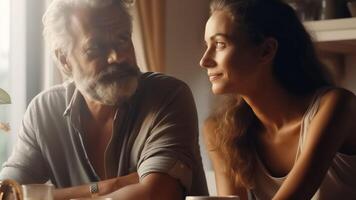 ai génératif arrière vue à Sénior gris aux cheveux aimant soins famille couple embrassement relaxant à Accueil ensemble profiter paisible Matin petit déjeuner à la recherche à fenêtre vue en pensant de futur sentir photo