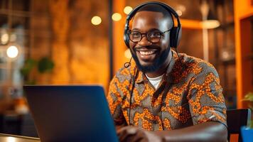 ai génératif souriant africain américain homme portant écouteurs à la recherche à portable écran motivée étudiant l'écriture Remarques pendant en ligne leçon en train de regarder séminaire en ligne apprentissage Langue en ligne séance à travail de photo
