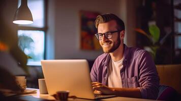 ai génératif large bannière panoramique vue de souriant Jeune caucasien homme asseoir à bureau faire Remarques travail en ligne sur ordinateur content millénaire Masculin écriture manuscrite étude loin sur portable dans Bureau éduquer photo