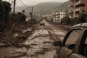 une voiture conduite par une rue couvert dans saleté. boueux ruisseaux de l'eau dans le rue. génératif ai photo