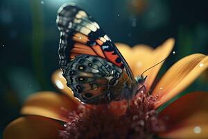 coloré papillon est séance sur une fleur, proche en haut. papillon dans le Matin la nature. génératif ai photo