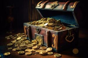 vieux ouvert pirate Trésor poitrine plein de d'or pièces de monnaie. génératif ai photo