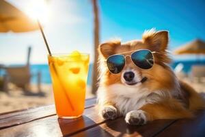 chien avec des lunettes de soleil sur le plage photo