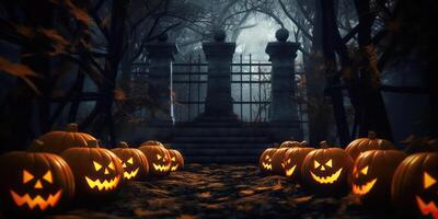 illustration jack o lanternes autour une effrayant cimetière fabriqué avec génératif ai photo