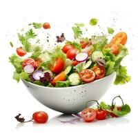 Frais légume salade dans vert bol et tomates isolé sur blanc fabriqué avec génératif ai photo