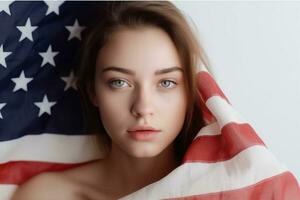 réaliste la photographie de content femme permanent avec drapeau fabriqué avec génératif ai photo