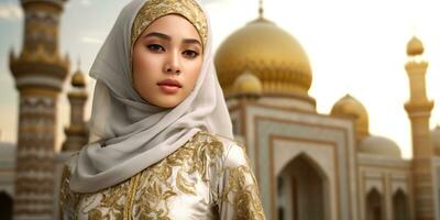 portrait magnifique femme portant hijab avec lumière exposition fabriqué avec génératif ai photo