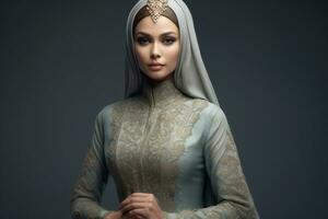 portrait magnifique femme portant hijab avec lumière exposition fabriqué avec génératif ai photo