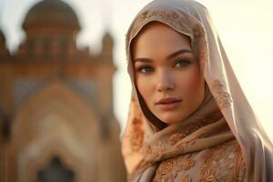 portrait magnifique femme portant hijab avec lumière exposition fabriqué avec génératif ai photo