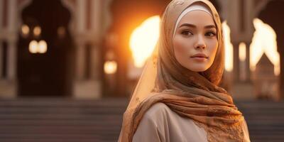 portrait magnifique femme portant hijab avec lumière exposition fabriqué avec génératif ai photo