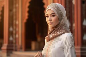 portrait magnifique femme portant hijab avec lumière exposition fabriqué avec génératif ai photo