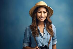 portrait magnifique asiatique femme avec sac à dos fabriqué avec génératif ai photo