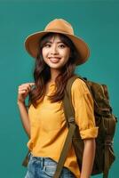 portrait magnifique asiatique femme avec sac à dos fabriqué avec génératif ai photo
