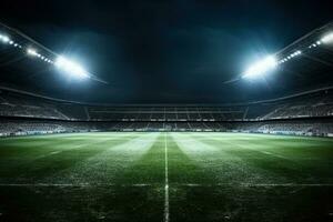 une coup de une Football stade avec lumières fabriqué avec génératif ai photo