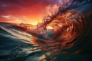 coloré vagues contre une le coucher du soleil Contexte fabriqué avec génératif ai photo