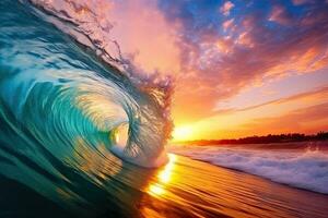 coloré vagues contre une le coucher du soleil Contexte fabriqué avec génératif ai photo
