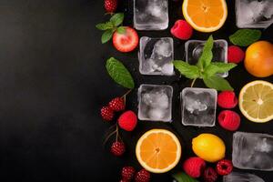 Frais des fruits avec la glace cubes sur craie Contexte. ai génératif photo