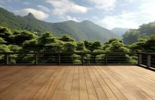 balcon vue de montagnes. paysage. ensoleillé journée. terrasse avec une magnifique voir. Contexte avec magnifique paysage. établi avec génératif ai technologie. photo