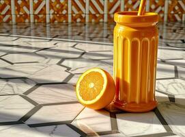 Orange confiture ou juce dans une verre pot et Frais des oranges sur une blanc marbre Contexte. établi avec génératif ai technologie. photo